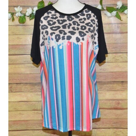 Crazy Train Ladies Striped Animal Print T-Shirt Size L Stretch Short Sleeve Casu - Picture 1 of 8